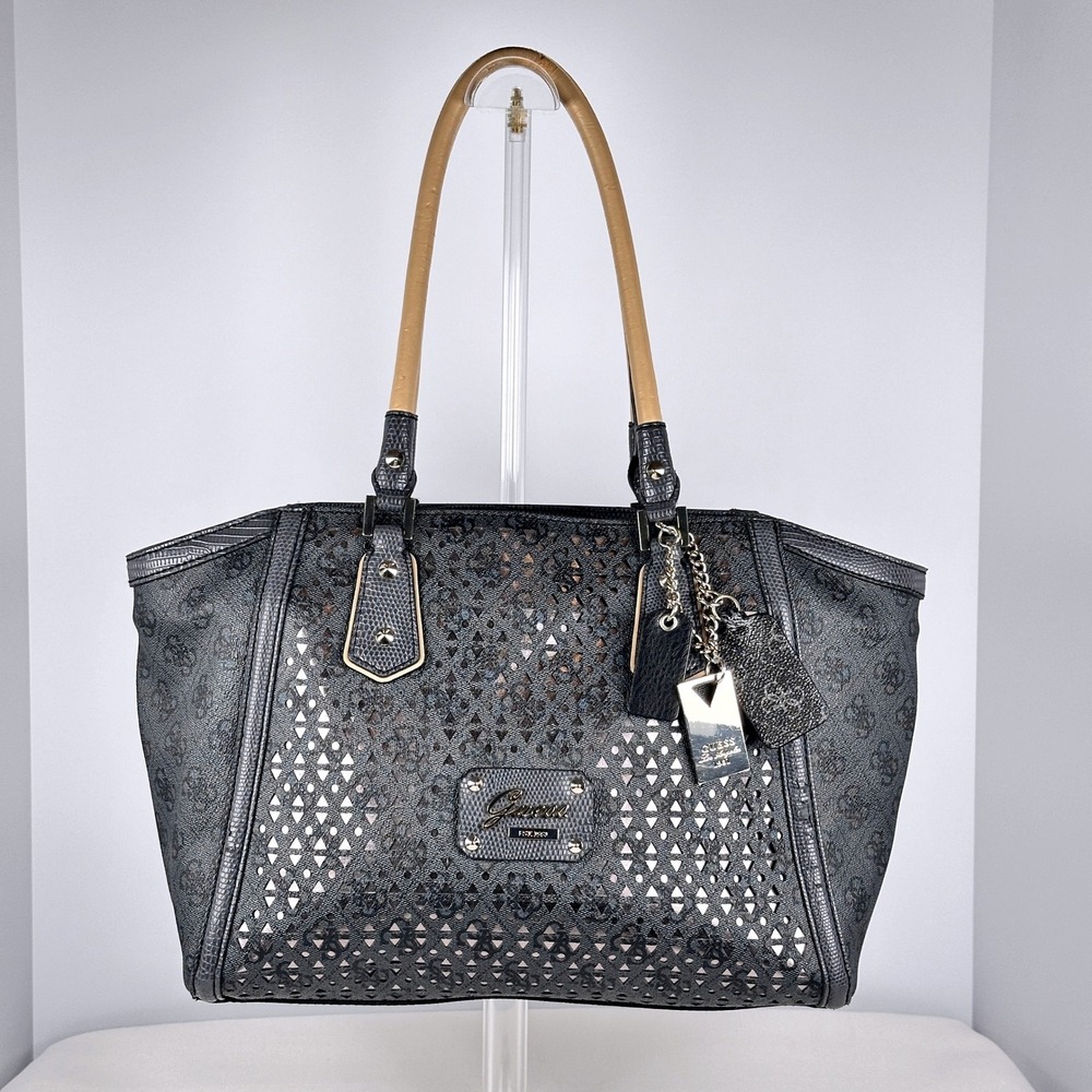 Guess Charcoal Blue Monogram Satchel Laser Cut Purse Leopard Lining Hand Bag